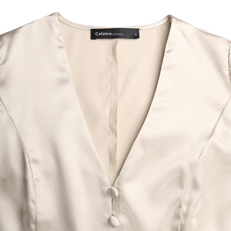 goosudu Women Silk Dress Celmia Satin Mini Robe Summer Elegant Party Wrap Evening Dress Long Lantern Sleeve V Neck Solid Vestidos