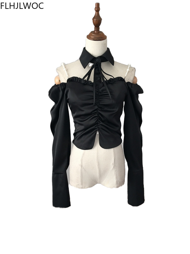 Goosudu Spring Women Fashion Off Shoulder Crop Tops Blusas Bling Beading Black Shirts Stand Collar Sexy Short Blouses