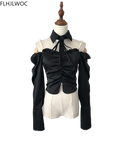 Goosudu Spring Women Fashion Off Shoulder Crop Tops Blusas Bling Beading Black Shirts Stand Collar Sexy Short Blouses