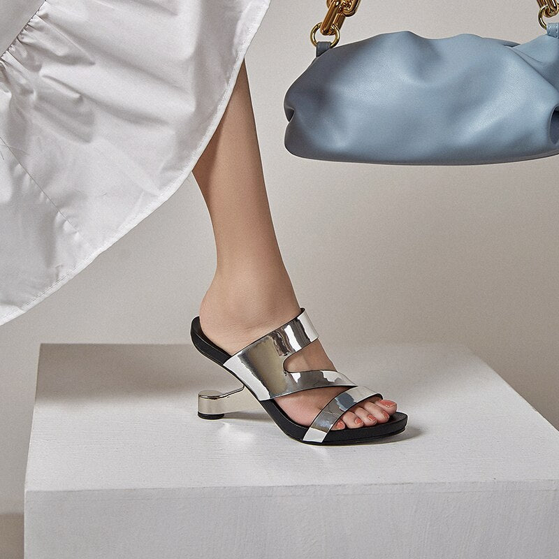 Fashion Brand Genuine Leather Open Toe Slippers Ladies Strange Style High Heels Slides Summer Outdoor Sandals Ladies Shoes