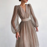 goosudu Women Elegant Dress Summer Polka Dots Temperament Long Dresses Autumn V-neck Puff Sleeve Lantern Sleeve Ladies Dress