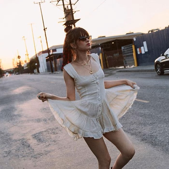 goosudu Inspired ruffled bustier romper dress women off shoulder straps sexy summer dress buttons slim fit dresses for women party