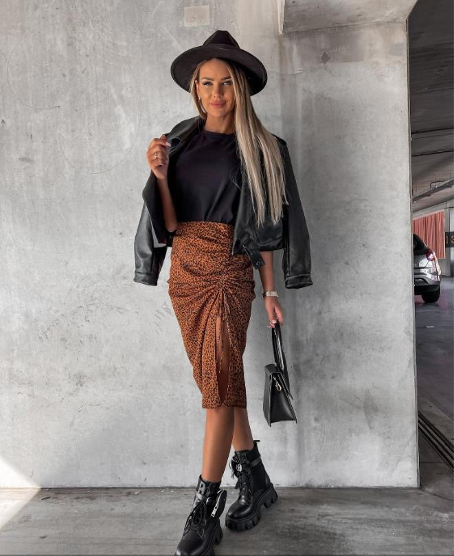 Midi Skirt Women Leopard Spring Lace Up Slit Bodycon High Waist Drawstring Printed Sexy Skirt Casual Office Female Skirt