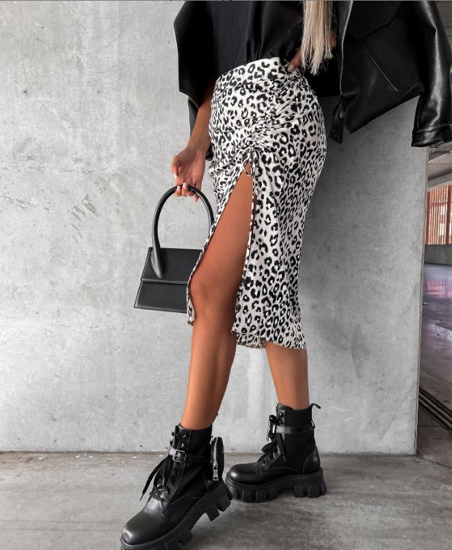 Midi Skirt Women Leopard Spring Lace Up Slit Bodycon High Waist Drawstring Printed Sexy Skirt Casual Office Female Skirt
