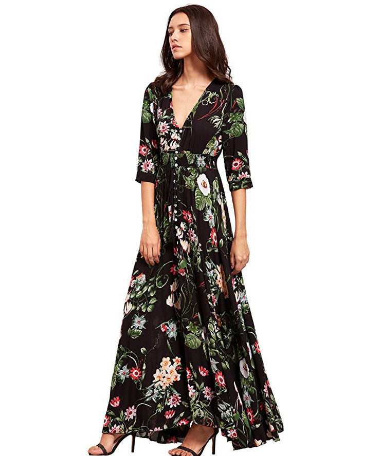 goosudu  Retro Floral Leopard Print Long Dress Spring Autumn Women Long Sleeve Maxi Dress High Fashion Halter Hollow Out Party Dress