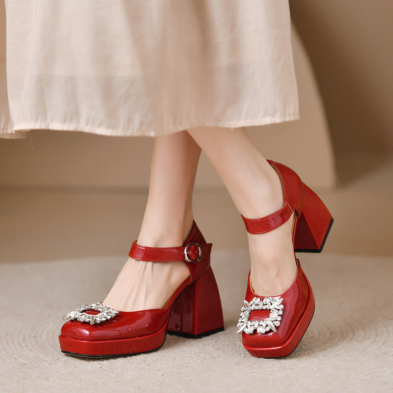 goosudu Women Shoes Summer  Leather Thick High Heels Platform Shoes Black Beige Sweet Dress Party Wedding Mary Janes Pumps