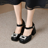 goosudu Women Shoes Summer  Leather Thick High Heels Platform Shoes Black Beige Sweet Dress Party Wedding Mary Janes Pumps