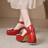 goosudu Women Shoes Summer  Leather Thick High Heels Platform Shoes Black Beige Sweet Dress Party Wedding Mary Janes Pumps