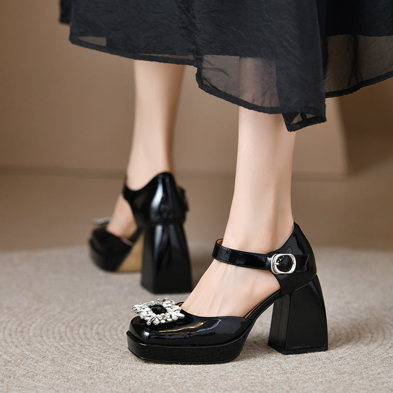 goosudu Women Shoes Summer  Leather Thick High Heels Platform Shoes Black Beige Sweet Dress Party Wedding Mary Janes Pumps