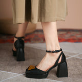 goosudu Women Shoes Summer  Leather Thick High Heels Platform Shoes Black Beige Sweet Dress Party Wedding Mary Janes Pumps