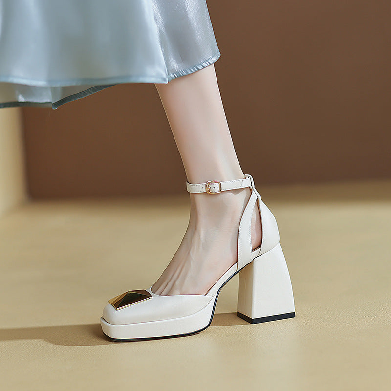 goosudu Women Shoes Summer  Leather Thick High Heels Platform Shoes Black Beige Sweet Dress Party Wedding Mary Janes Pumps