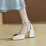 goosudu Women Shoes Summer  Leather Thick High Heels Platform Shoes Black Beige Sweet Dress Party Wedding Mary Janes Pumps