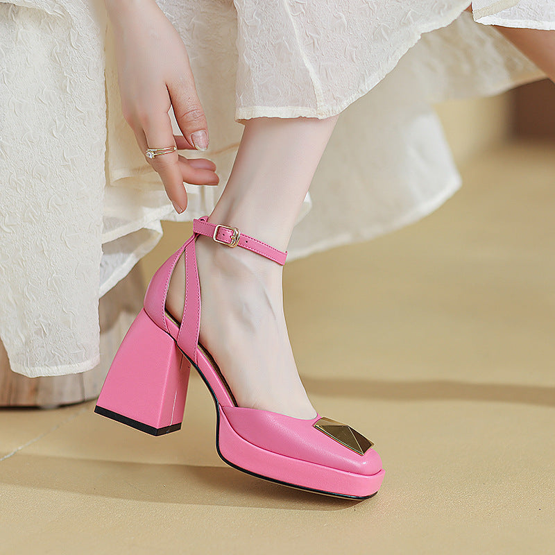 goosudu Women Shoes Summer  Leather Thick High Heels Platform Shoes Black Beige Sweet Dress Party Wedding Mary Janes Pumps