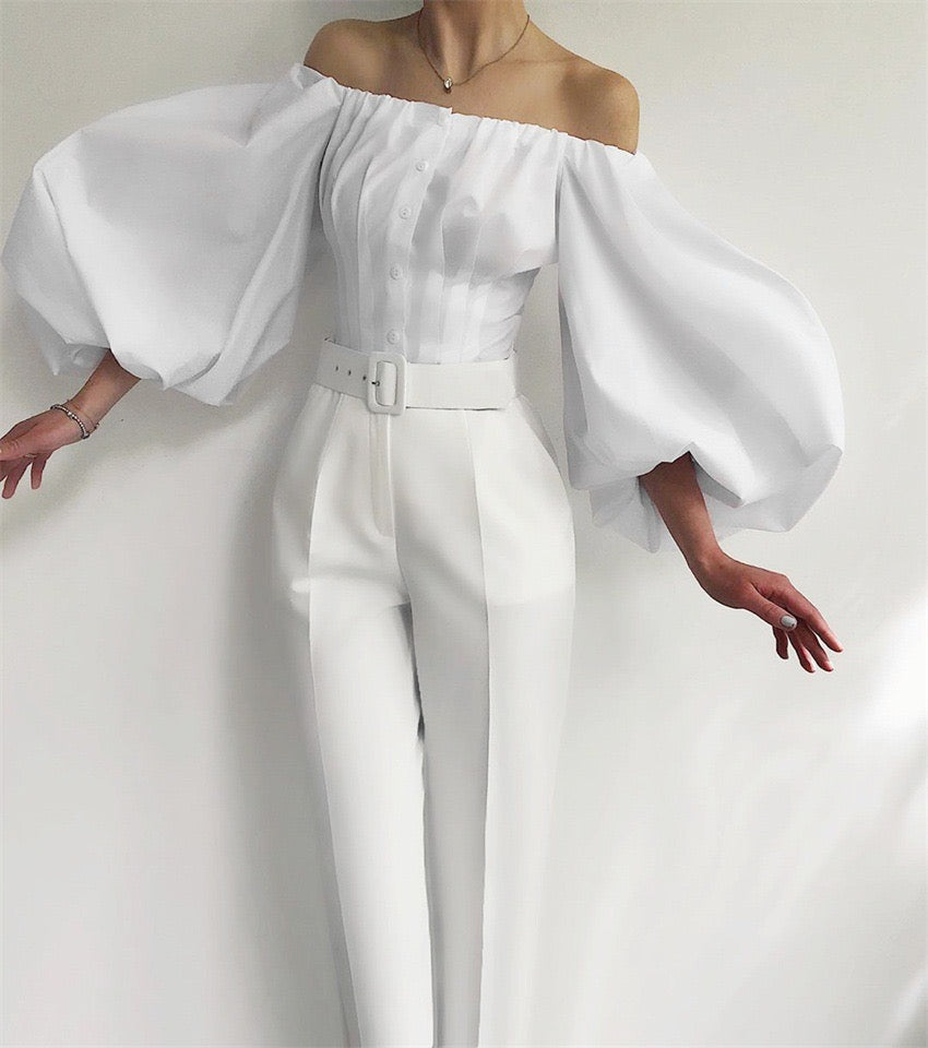 goosudu Fashion Sexy Off Shoulder Blouses Women Spring Summer Lantern Long Sleeve Print Top Vintage Holiday Elegant Shirt Blusas