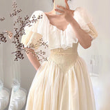 Summer Romantic Fairy Dress Woman Chic Vintage Lace Puff Sleeve Ruffles V-Neck Soft Princess Dresses Party Night Vestido Festa