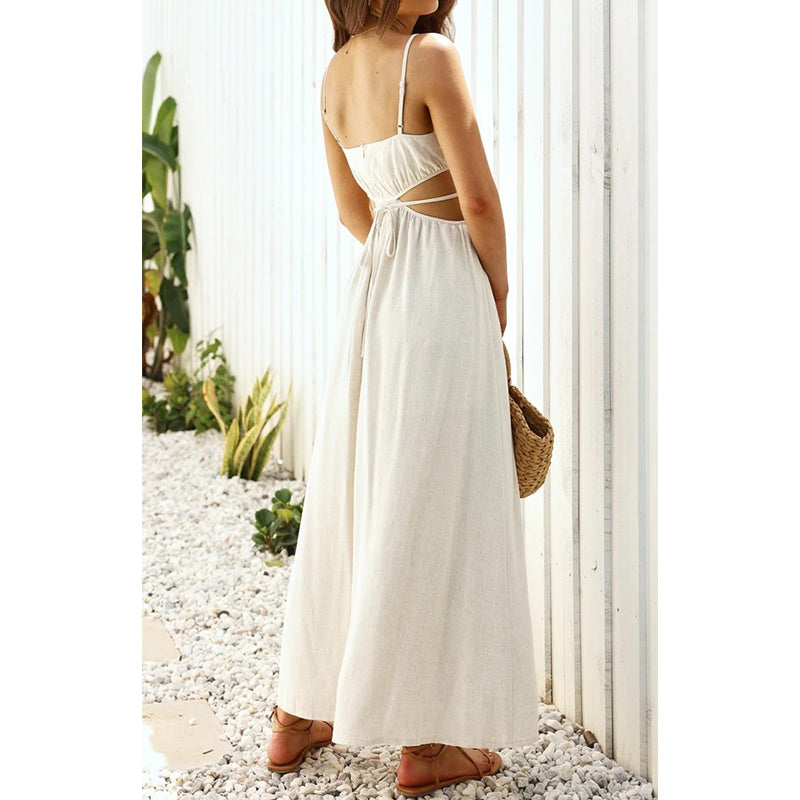 goosudu Spaghetti Strap Waist Hollow Out Beige Summer Maxi Long Dress Solid Elegant Backless Sundress Casual Women Dress