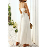 goosudu Spaghetti Strap Waist Hollow Out Beige Summer Maxi Long Dress Solid Elegant Backless Sundress Casual Women Dress