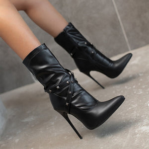 Punk Studs Sexy 12cm Stiletto Heels Boots Women Cross-band Pointy Toe Thin High Heeled Rose Red Green White Boot Zipper