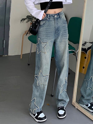 Y2k Star Patchwork Jeans Women Streetwear Low Rise Straight Leg Denim Cargo Pants Baggy Harajuku Vintage Casual Jean 90s