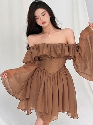 Fairy Dress  Holiday Irregular Long Sleeve Beach dress summer Ruffle sexy Off Shoulder female high waist chic women short dresses  Sundress