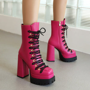 Platform Boots For Women Lace Up Chunky Heel Fashion Brand Shoes  Winter Autumn Candy Color Ankle Short Boots Sugar Sexy