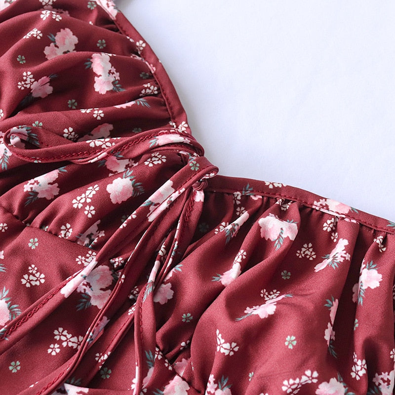 Leisure Summer High Quality Sexy Printing Backless Dress Lace Up Split Suspender Dress Women'S Wear Wine Red Dress