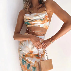 Waist Cut Out Criss Cross Sexy Summer Tie-dyed Midi Dress Ladies Elegant Beach Boho Slip Long Dress Sleeveless Sundress