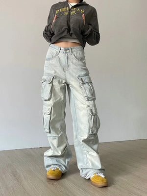 Cargo Jeans Women Y2k Vintage Distressed Multi-pocket Trousers Winter Fashion Original Streetwear Grunge Baggy Wide Denim Pants