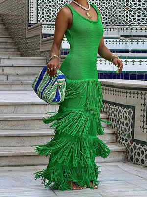 Knit Sleeveless Dress Women Green Sexy Backless U-neck Long Dresses Female  Summer Fashion Beach Holiday Lady