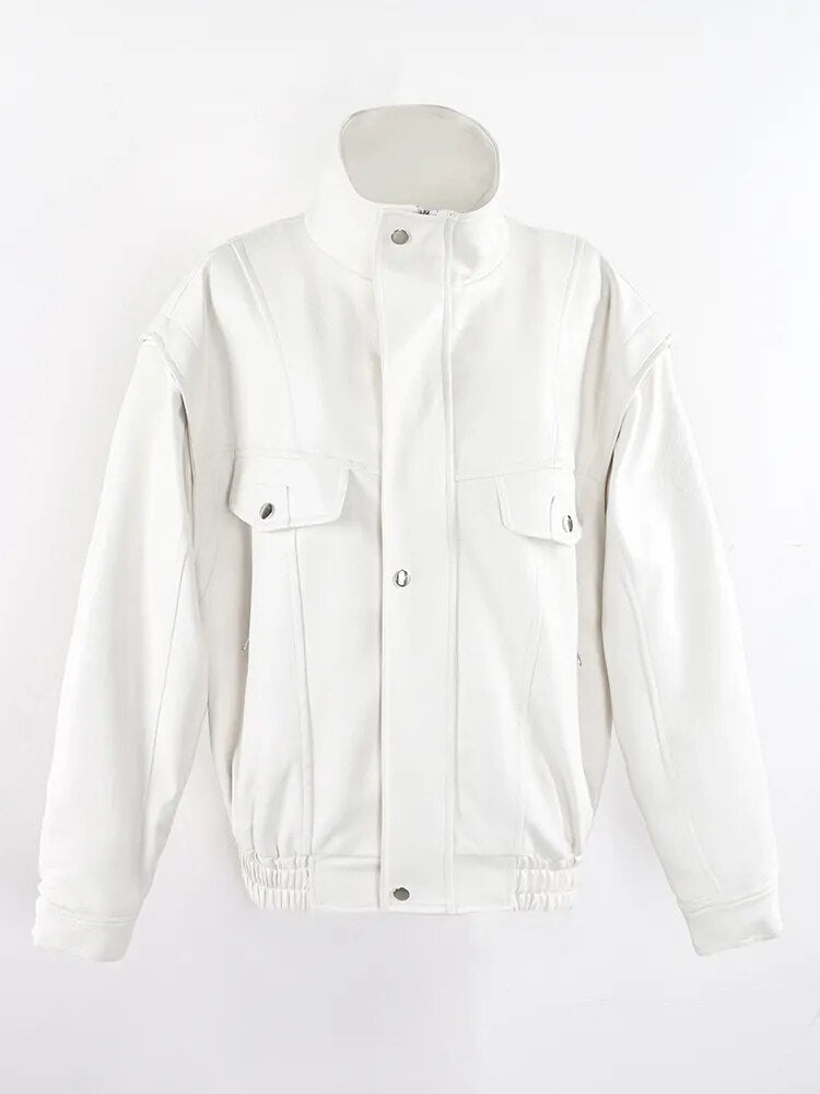 Spring Autumn Oversized Cool Windproof Thick Black Pu Leather Jacket Women Zip Up Luxury Designer Unisex Clothes