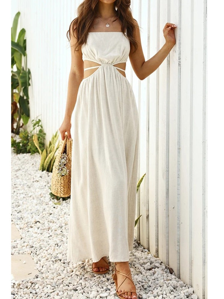 goosudu Spaghetti Strap Waist Hollow Out Beige Summer Maxi Long Dress Solid Elegant Backless Sundress Casual Women Dress