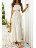 goosudu Spaghetti Strap Waist Hollow Out Beige Summer Maxi Long Dress Solid Elegant Backless Sundress Casual Women Dress