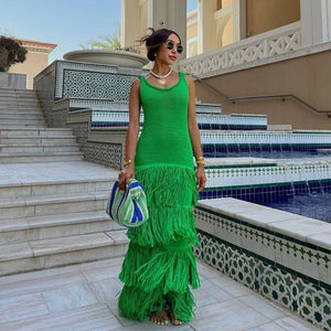 Knit Sleeveless Dress Women Green Sexy Backless U-neck Long Dresses Female  Summer Fashion Beach Holiday Lady