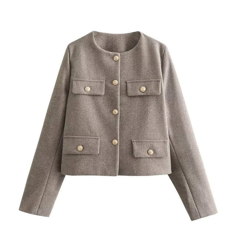 Fashon Tweed Jacket For Women Autumn Winter Long Sleeve Single Breasted Cropped Coat Female Solid O-neck Pocket Outwear Top