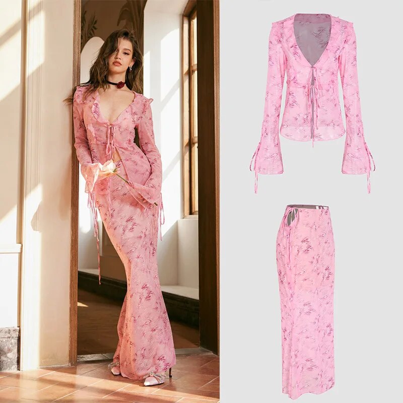 Summer Chiffon Fashion Maxi Skirt cover-up Women Elegant High Waist printed Holiday See-Through Printed Female Long Skirt