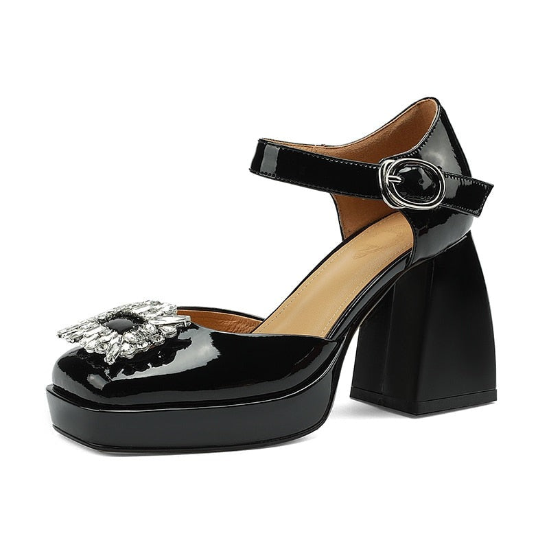 goosudu Women Shoes Summer  Leather Thick High Heels Platform Shoes Black Beige Sweet Dress Party Wedding Mary Janes Pumps