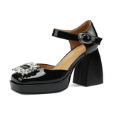 goosudu Women Shoes Summer  Leather Thick High Heels Platform Shoes Black Beige Sweet Dress Party Wedding Mary Janes Pumps