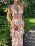 Flower Print Slip Sleeveless Backless Slim Sexy Maxi Dress Spring Women Elegant Streetwear Party Clothing Concise
