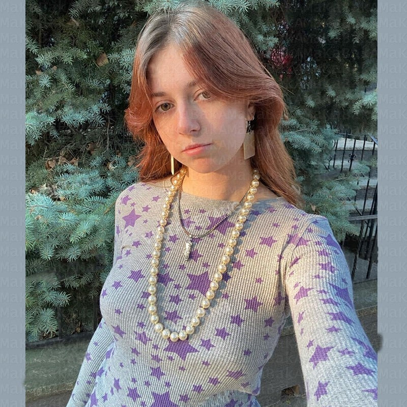 Y2K Stars Vintage Aesthetics Crop Tops Autumn Spring Full Sleeve Basic Tees Harajuku Grunge 00s Retro T Shirt Mall Goth Clothes