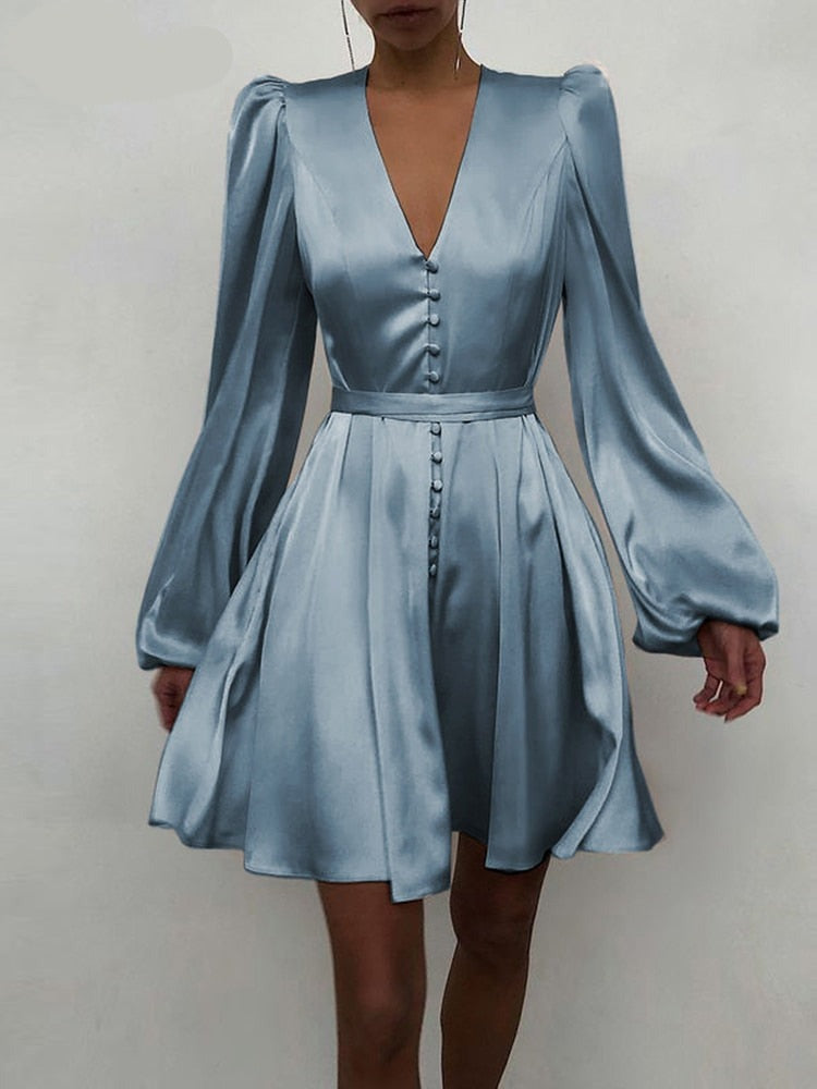 goosudu Women Silk Dress Celmia Satin Mini Robe Summer Elegant Party Wrap Evening Dress Long Lantern Sleeve V Neck Solid Vestidos