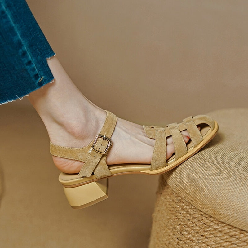 Summer Women Shoes Round Toe Women Sandals Casual Suede Shoes for Women Roman Heels Green Genuine Leather Mid Heels