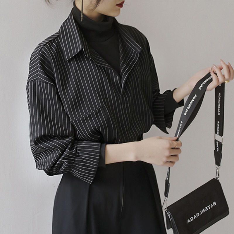 goosudu Fake Two Piece Striped Shirt Women Patchwork Knitted Turtleneck  Autumn Winter Long Sleeve Casual Loose Female Blouse Tops