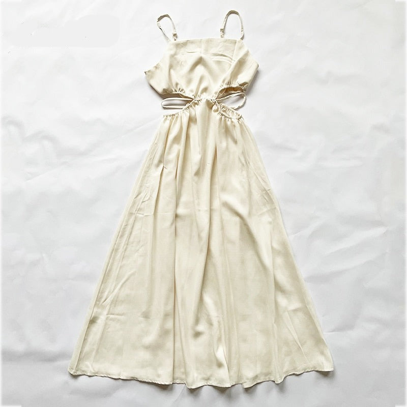 goosudu Spaghetti Strap Waist Hollow Out Beige Summer Maxi Long Dress Solid Elegant Backless Sundress Casual Women Dress