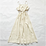 goosudu Spaghetti Strap Waist Hollow Out Beige Summer Maxi Long Dress Solid Elegant Backless Sundress Casual Women Dress
