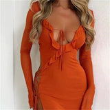 Black Bodycon Dress Spring Summer Sexy Mesh Long Sleeves Ruffles Deep V Tie-Up Short Dress Women Party Streetwear