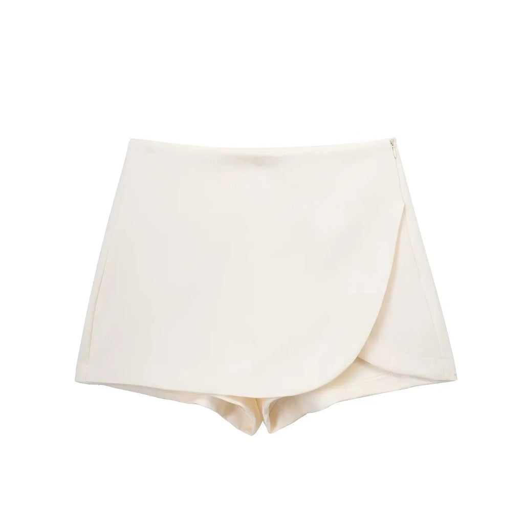 Women Fashion Casual Mini Asymmetrical Skirts Shorts High Waist Back Pockets Wide Leg Skirts Zipper Female Shorts