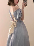 Vintage Elegant Midi Dresses Women Spring Blue Patchwork Retro Evening Party Dress French Sweet Korean Princess Fairy Dress
