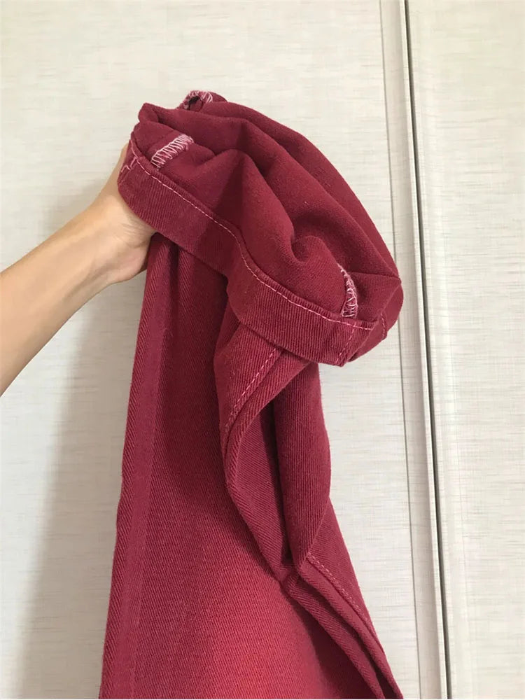 High Street Streetwear Baggy Jeans Women Denim Trousers High Waist Y2k Vintage Washed Distressed Wide Leg Mopping Red Pants