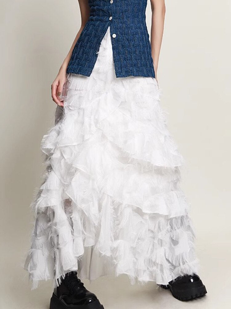 Solid Irregular Skirts For Women High Waist Patchwork Tassel Casual Loose Skirt Spring Female Fashion Clothing