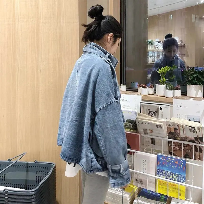 Retro Denim Coat for Women Short Loose Letter Student Harajuku Lady's Denim Jackets Hiphop Spring and Autumn Cowboy Old Outwear